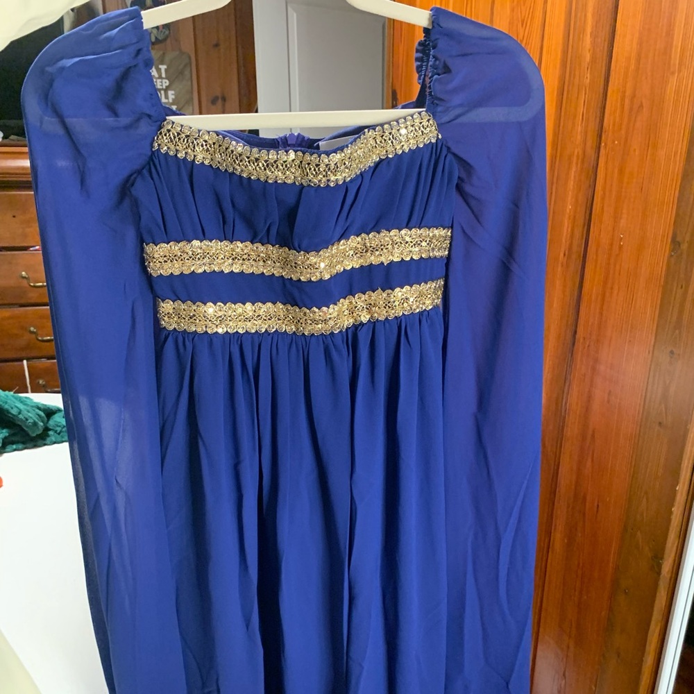 Elegant Long Sleeve Blue Dress with Gold Detailing